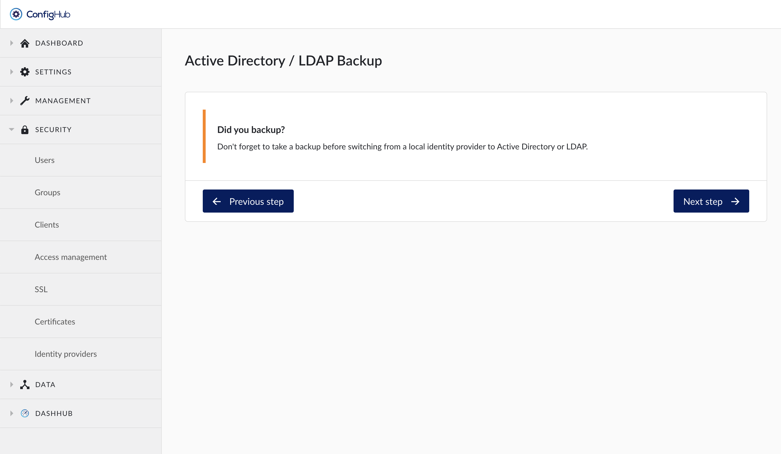 ConfigHub LDAP add backup