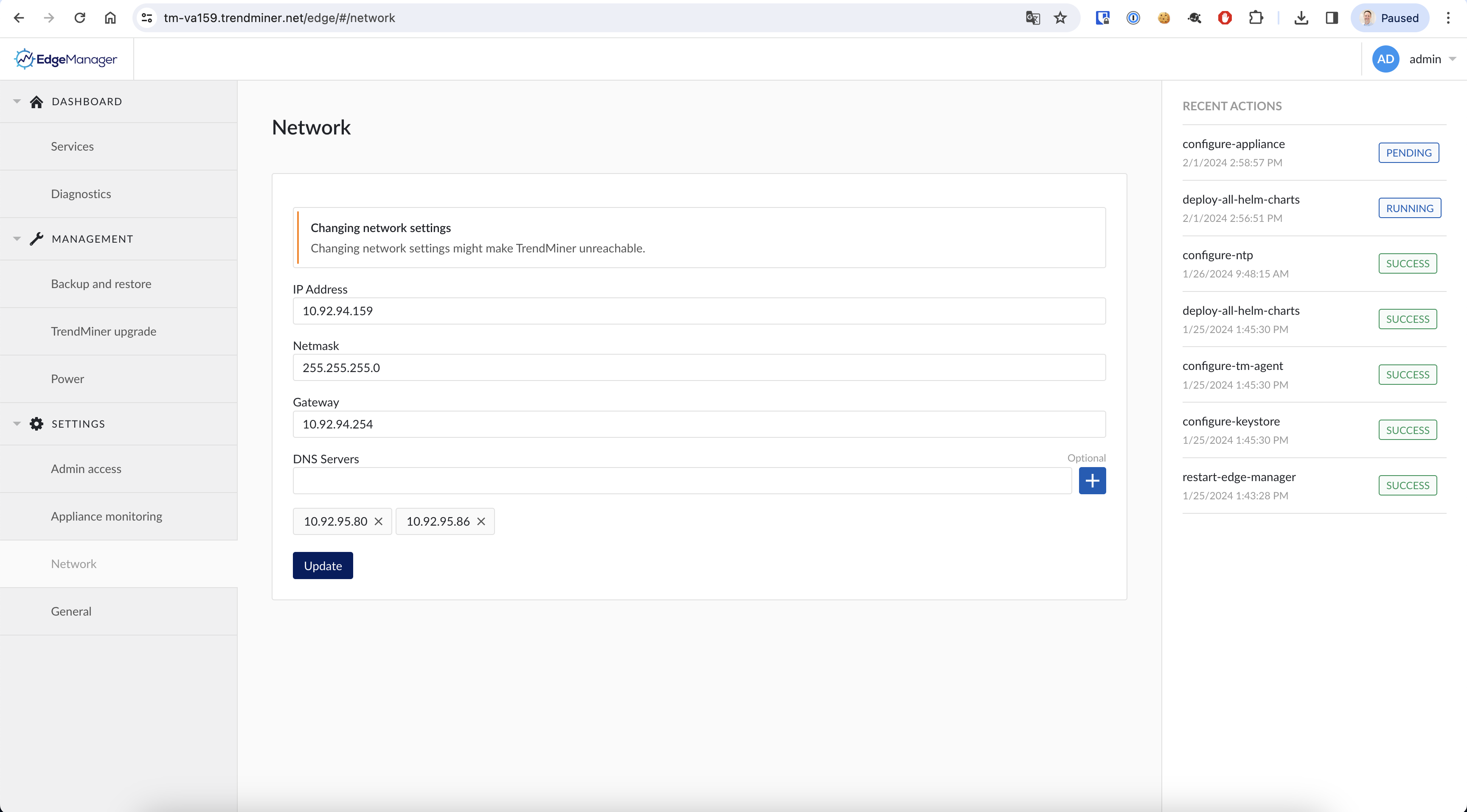 edge manager network running tasks 2023.R4.0
