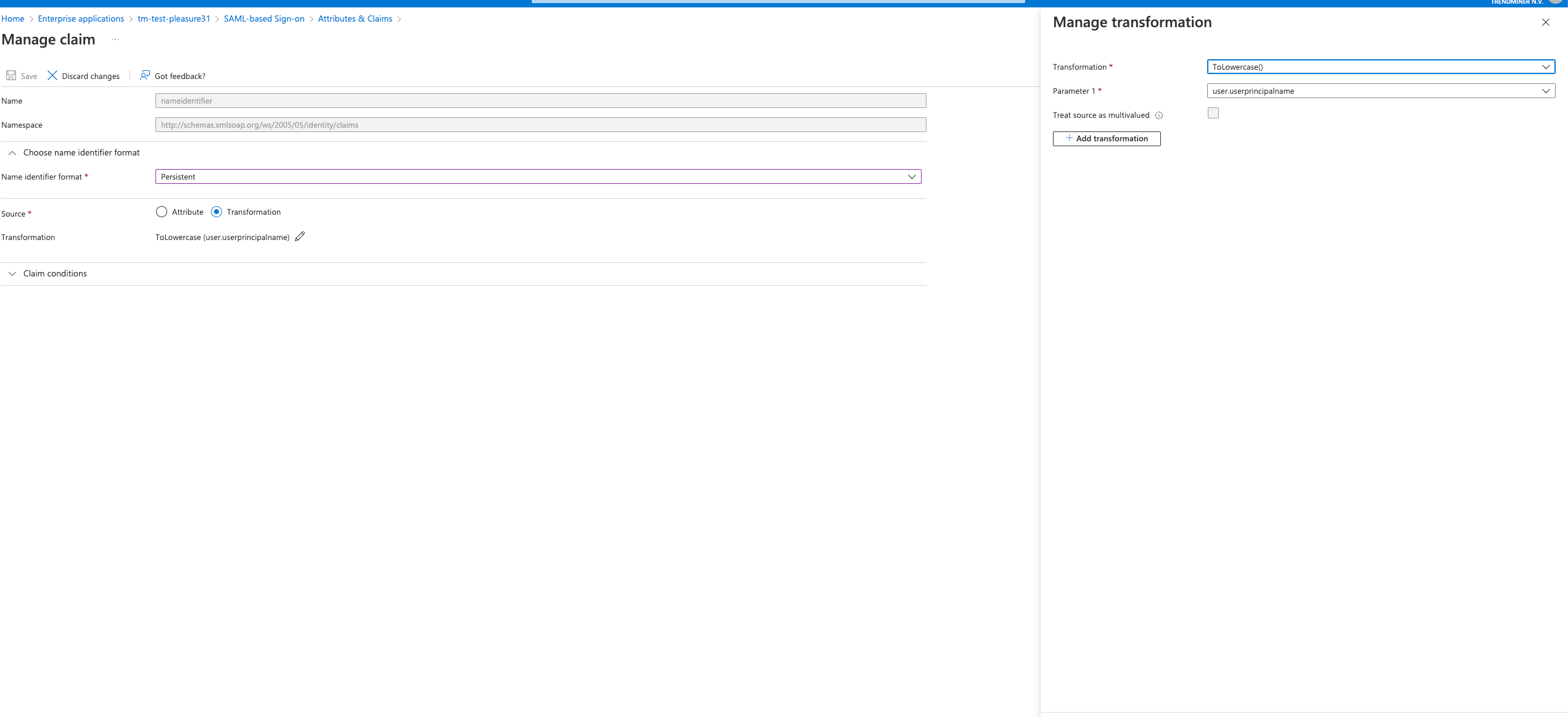 Azure AD - Name Identifier Format
