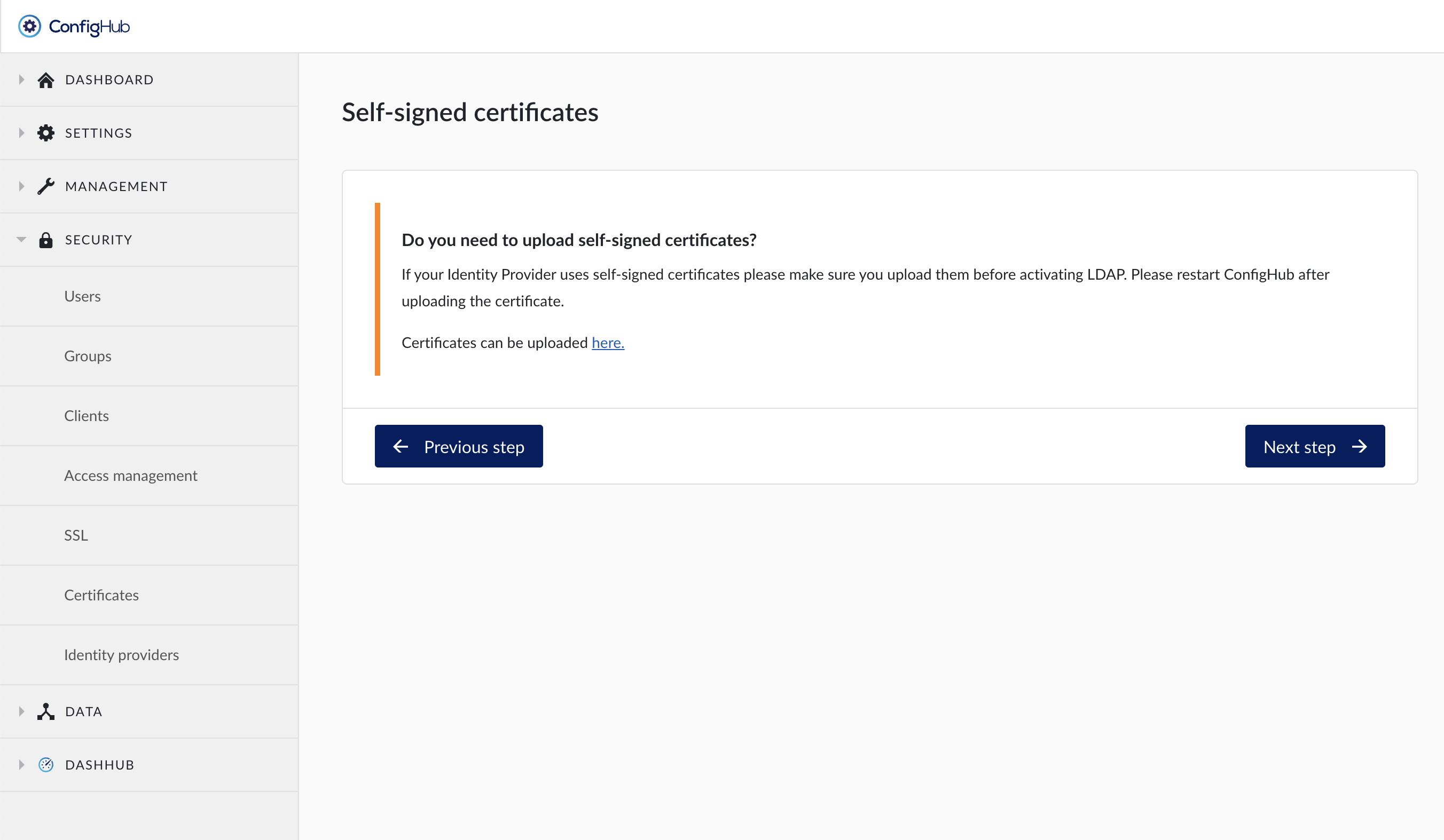 ConfigHub LDAP add certificates