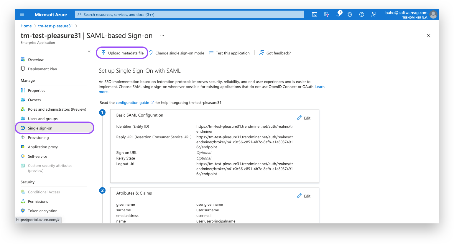 saml azure upload metadata