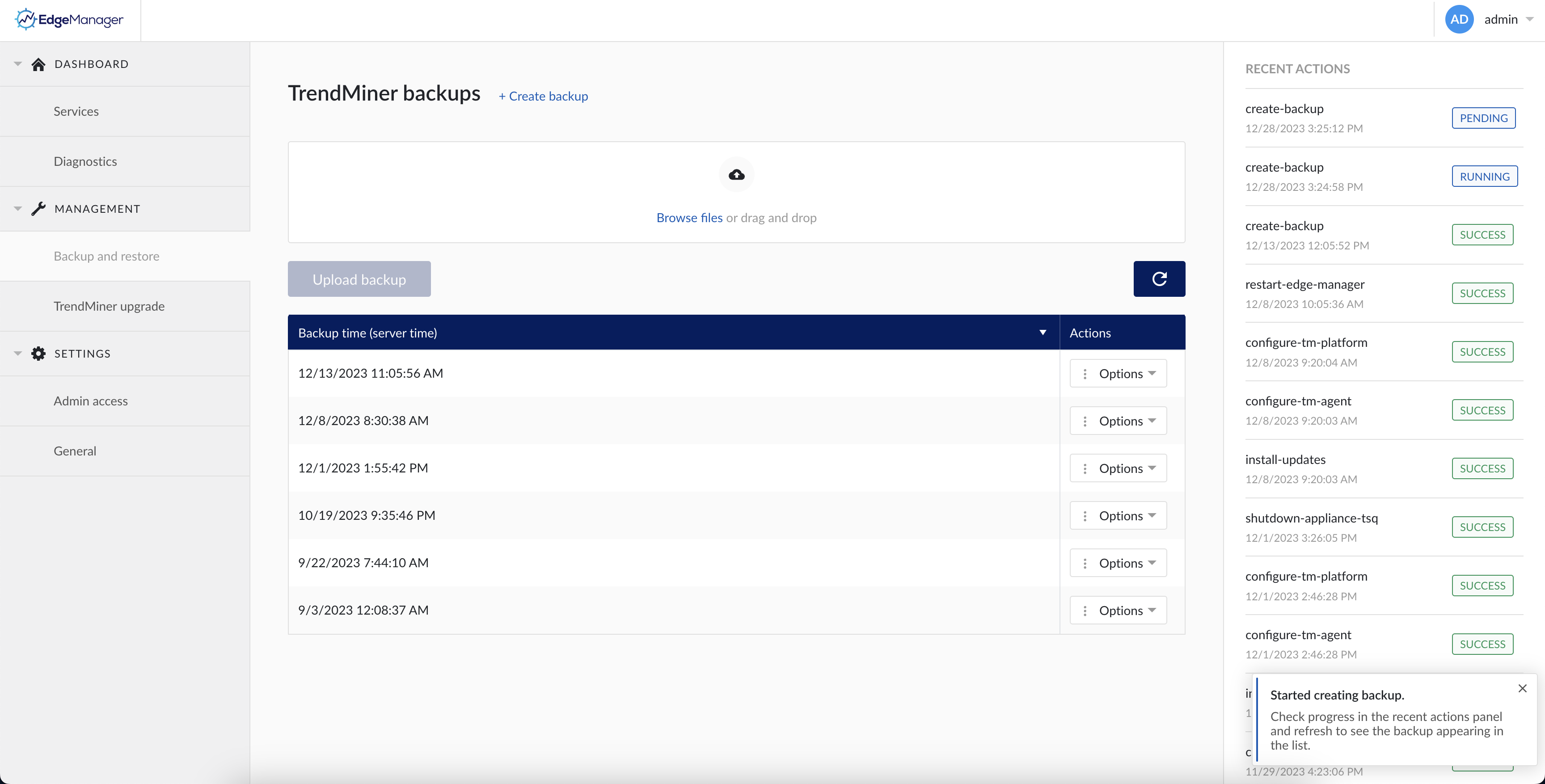 2023.R4.0 - create backup started feedback message